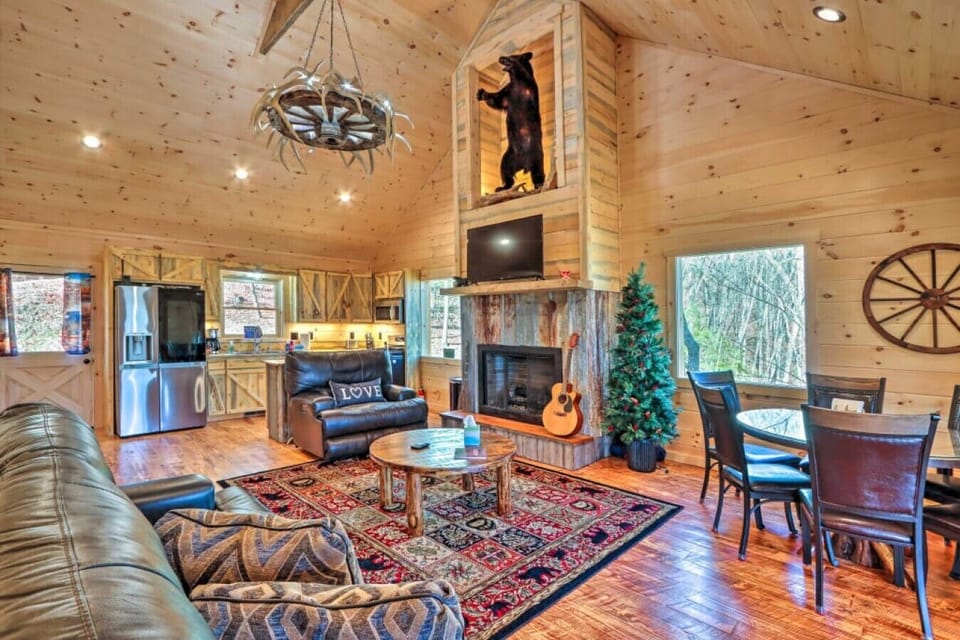 Living Room | Stone Fireplace | Vaulted Ceiling Open Kitchen Access