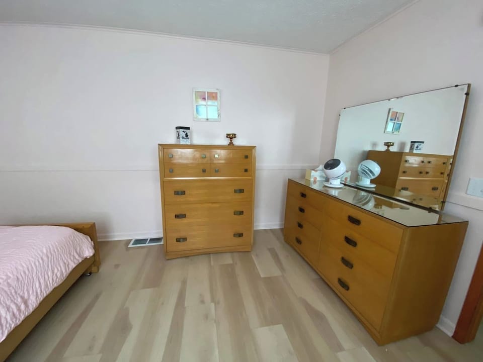 Beautiful vintage midcentury  furniture in primary bedroom. TV has been added.