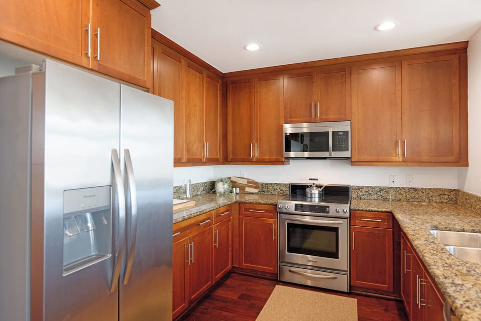 Stainless appliances and generous cabinet storage