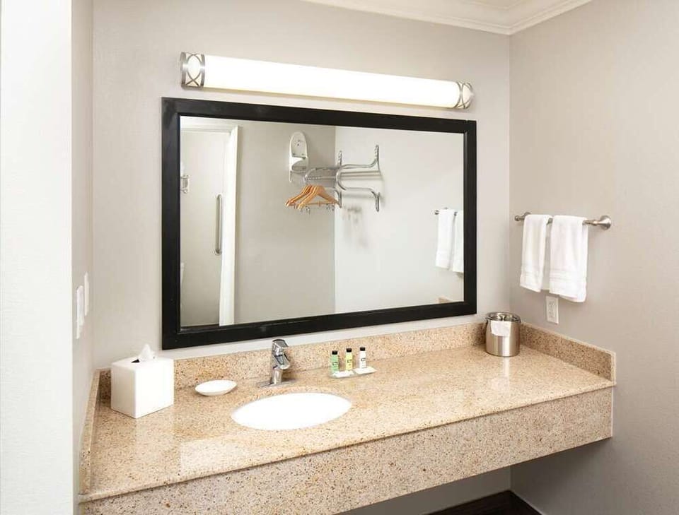 Refresh at a bright vanity with plush towels and counter space.
