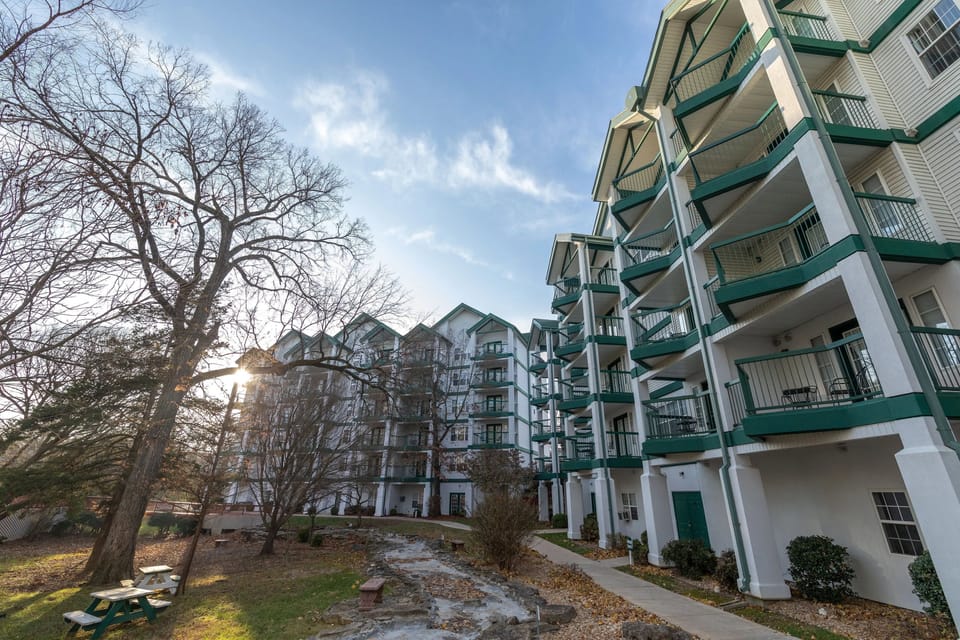 Angled exterior view of the resort building showcasing balconies.