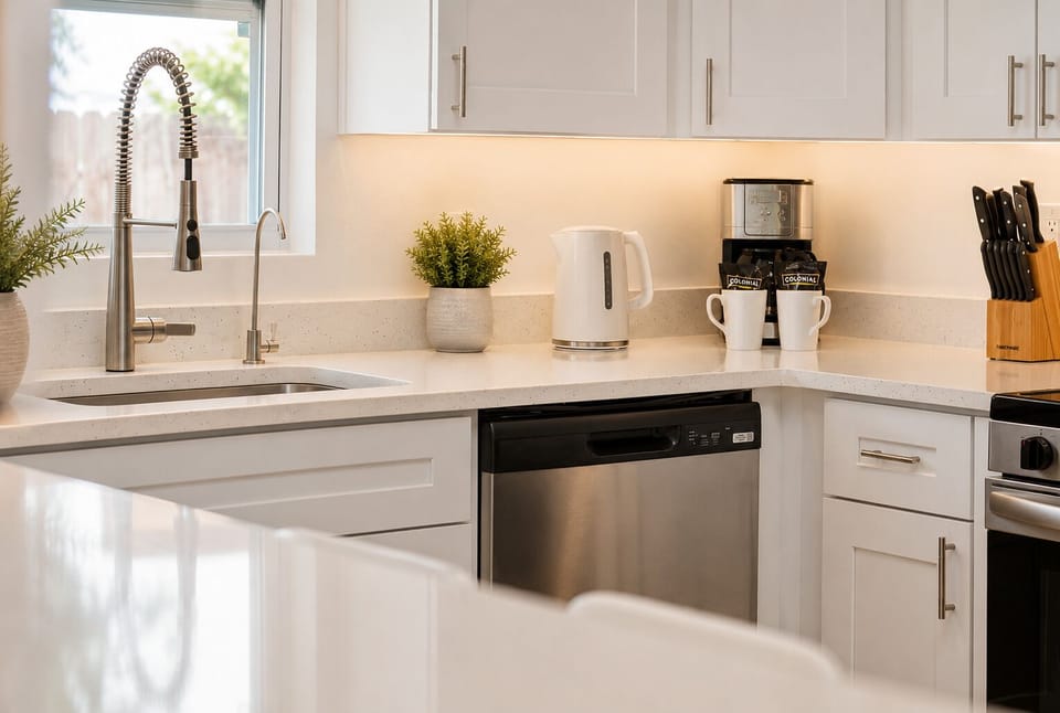 Stylish kitchen with modern appliances for your convenience.
