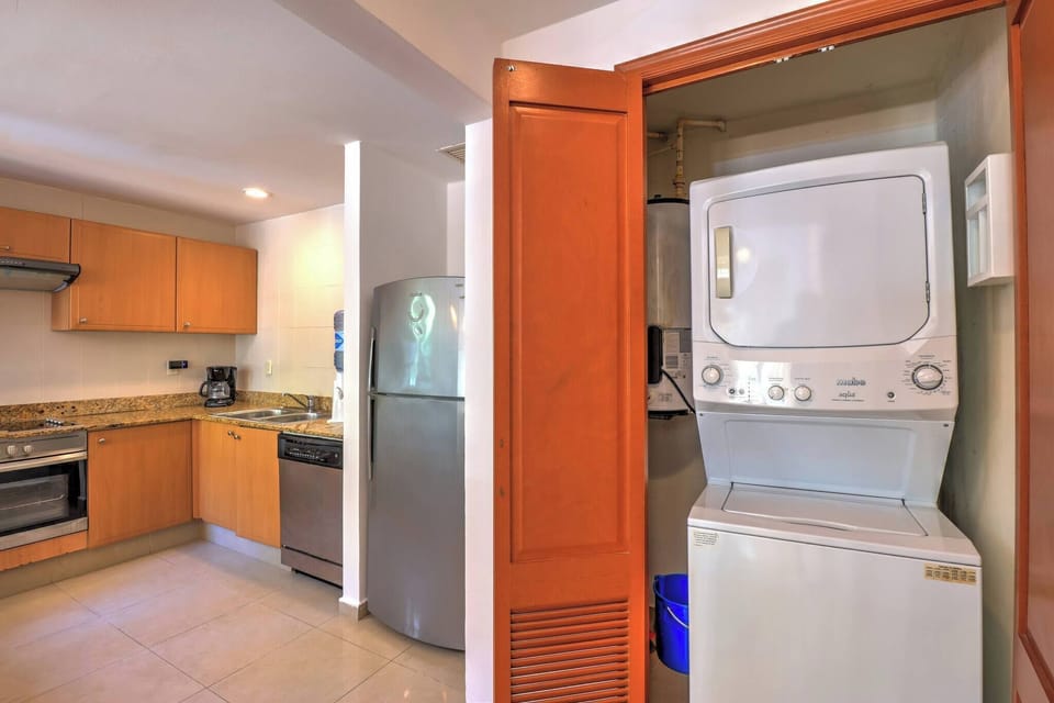 It has a washer and dryer inside the apartment for your convenience.
