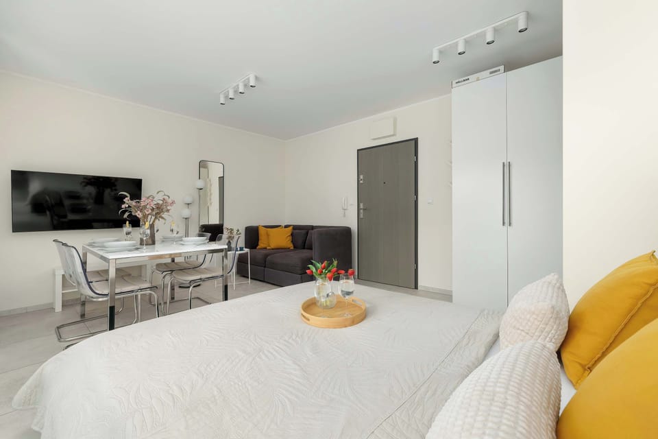 Spacious open-plan studio with a sleeping area, dining space, and relaxing atmosphere filled with natural light.