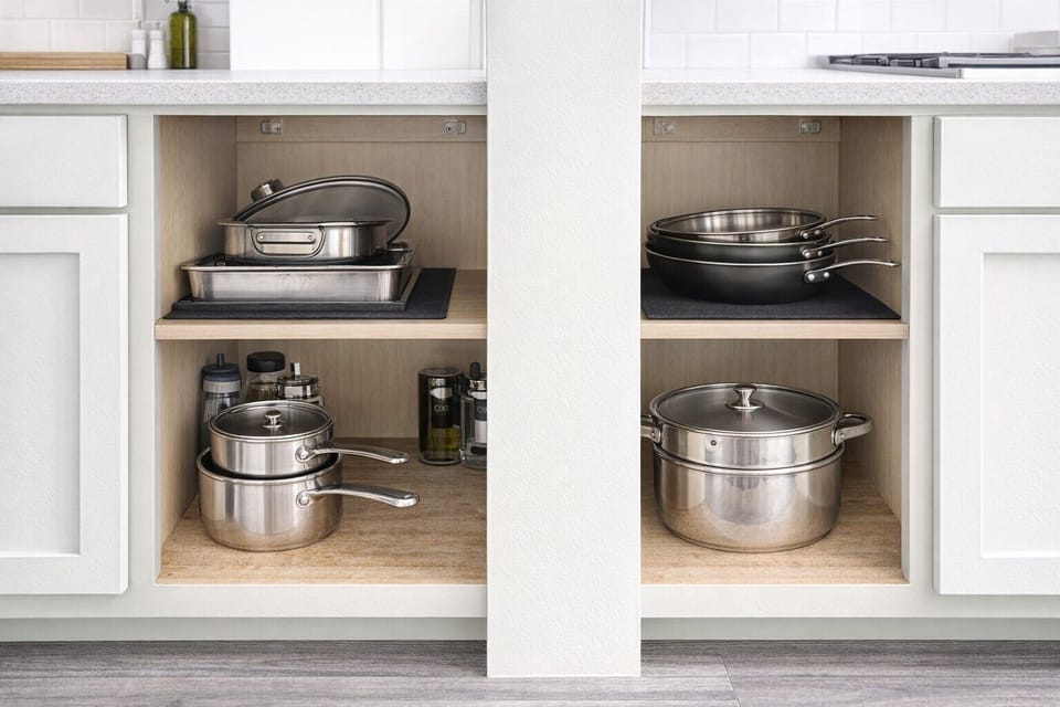 A variety of pots & pans ready to help you prepare a meal for your family.