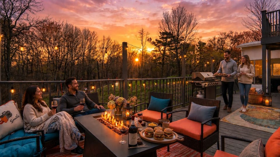 Relax on the patio with a warm firepit and inviting seating under string lights.