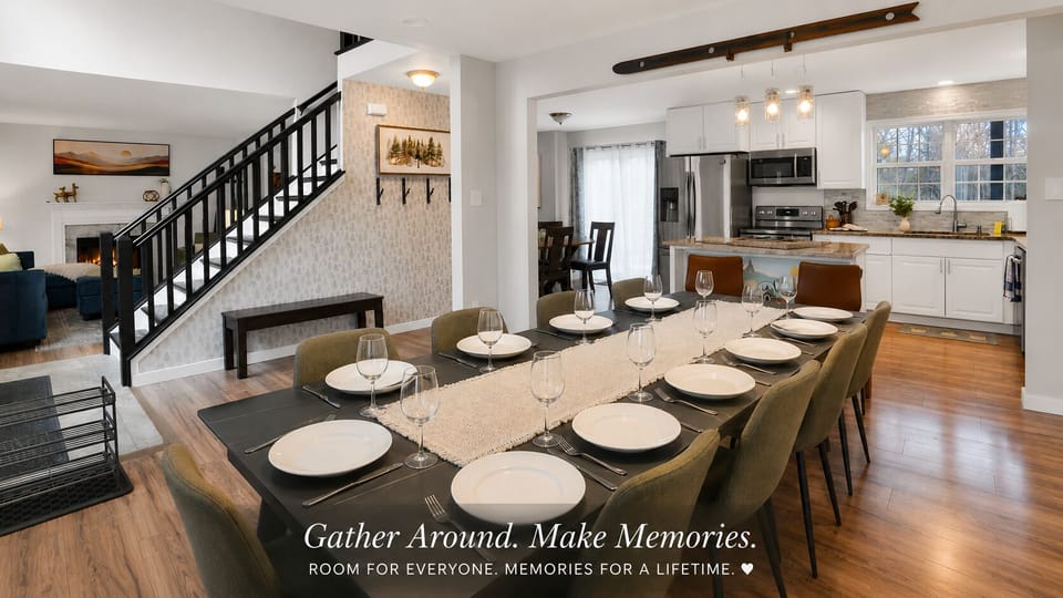 Gather around the dining table for a fun filled relaxing family dinner with room for the little one at the end with the high chair