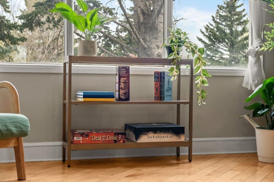 Living room shelving with books, games, and indoor plants