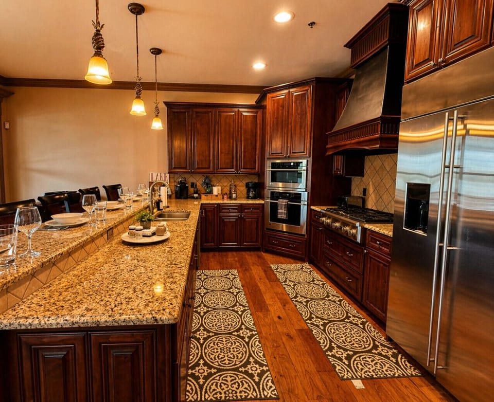 Gourmet kitchen with granite countertops, stainless steel appliances, and spacious island—perfect for cooking and entertaining at your Lake of the Ozarks getaway.