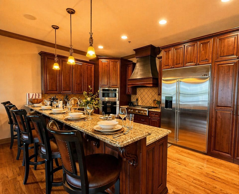 Spacious gourmet kitchen with granite island, stainless steel appliances, and bar seating—perfect for group dining and luxury lakehouse stays.