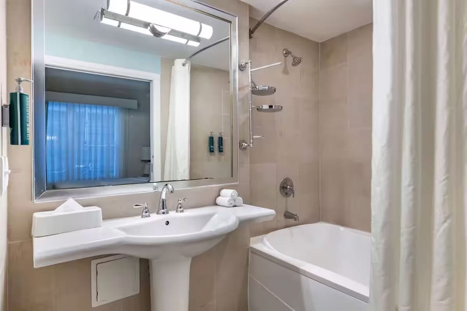 Get ready with bright vanity lighting and plenty of counter space.