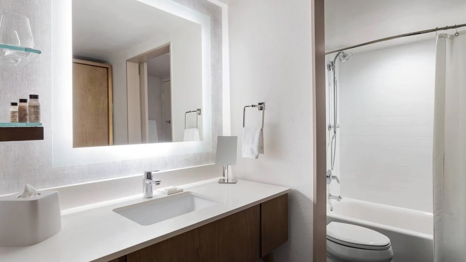 Refresh in a sparkling bath with vanity lighting glow.