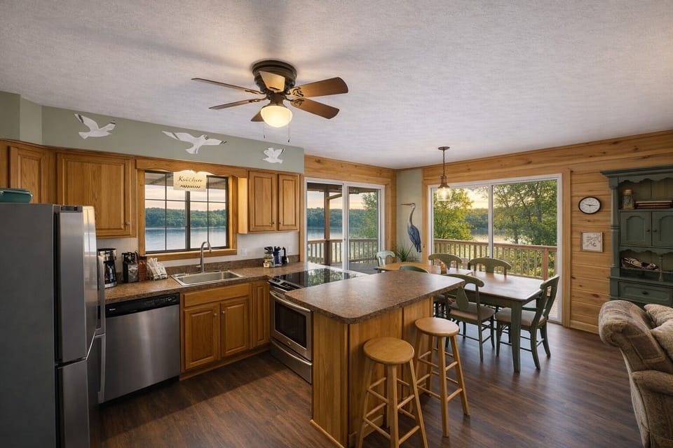 Cook up a feast with a lake view — the fully equipped kitchen keeps the crew fed so no one misses a moment.