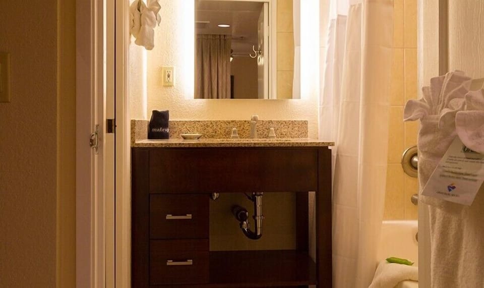 Refresh comfortably with bright vanity lighting and plush towels.