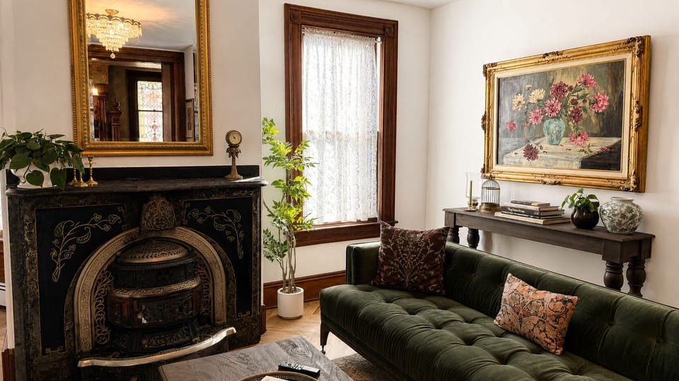 The main living room — an original cast iron fireplace with gold inlay, green velvet sofa, and a gilded mirror that catches the original stained glass window perfectly. Some combinations just work.