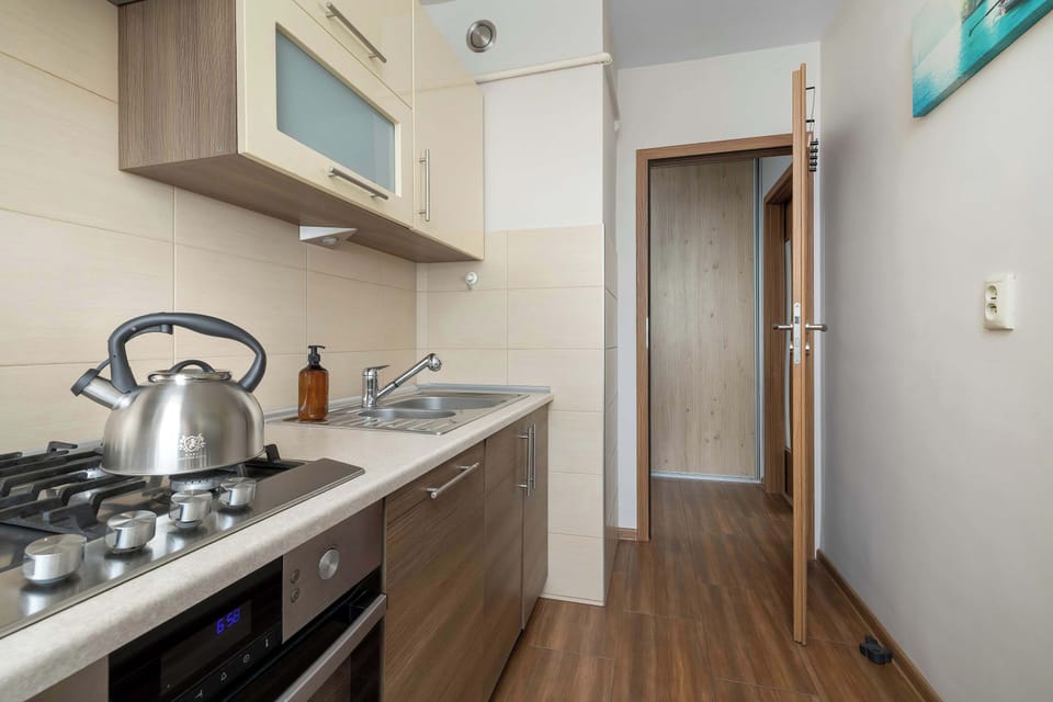 Compact kitchen with built-in gas stove and wooden flooring