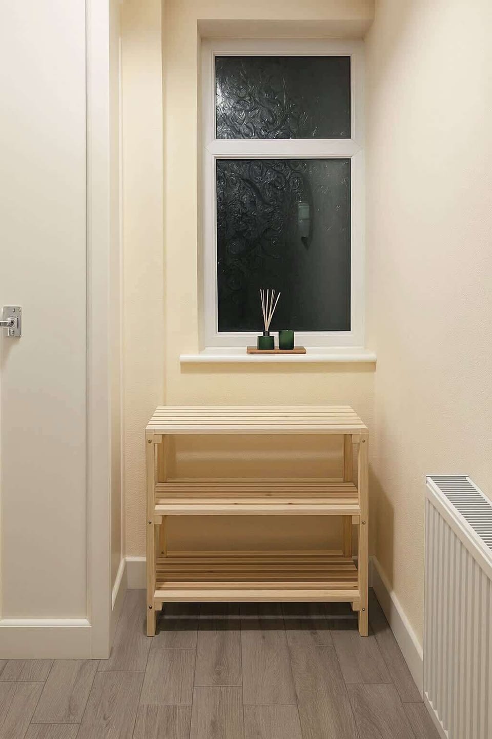 Bright Entrance Nook with Wooden Storage Shelf