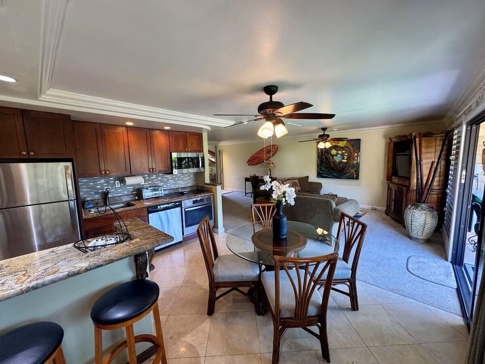 Plenty of space with seating for four inside and outside and extra seats at the kitchen island!