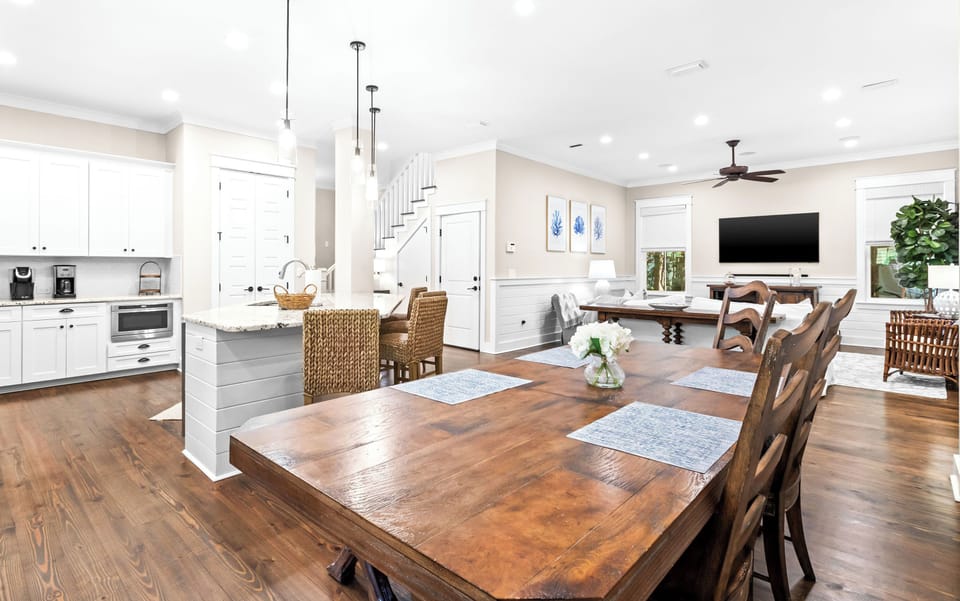 Gather around the farmhouse dining table, whip up meals in the fully equipped kitchen, then unwind in the living area with cheerful touches throughout.