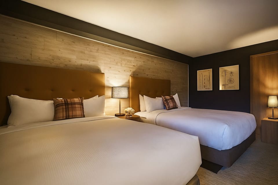 Stretch out comfortably with two plush beds and warm lighting.