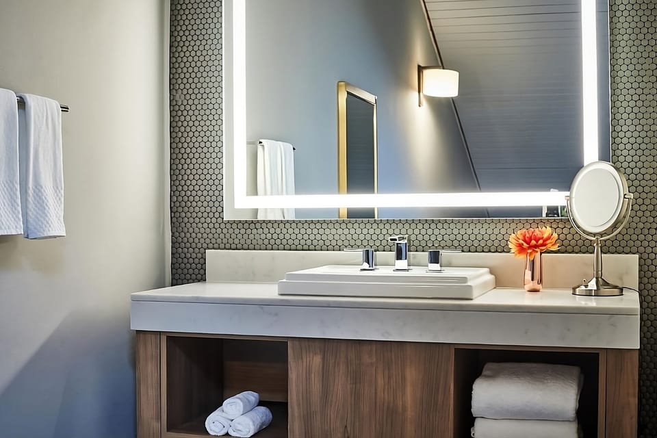 Refresh each morning at a glowing mirror and sleek vanity.