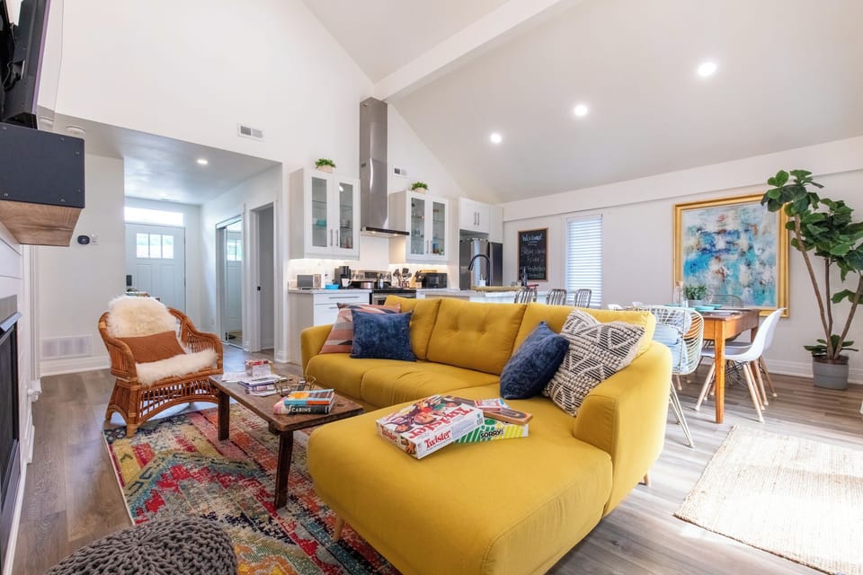 Comfortable living and dining area with well-stock kitchen