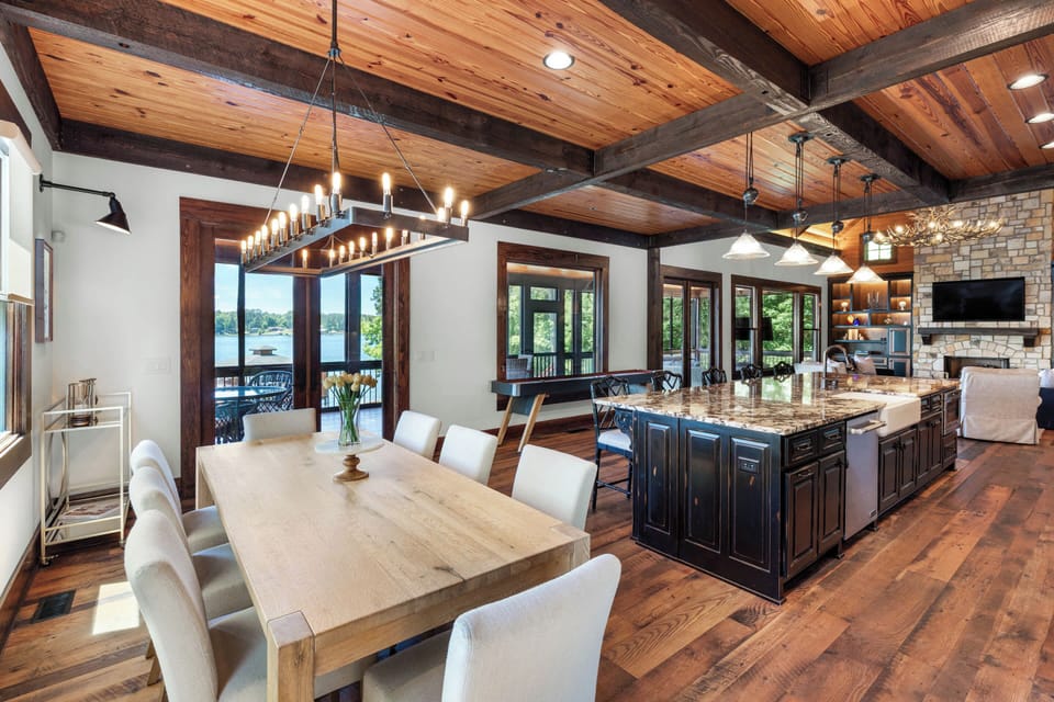 Dining room, kitchen, and living room flow together in this epic great room