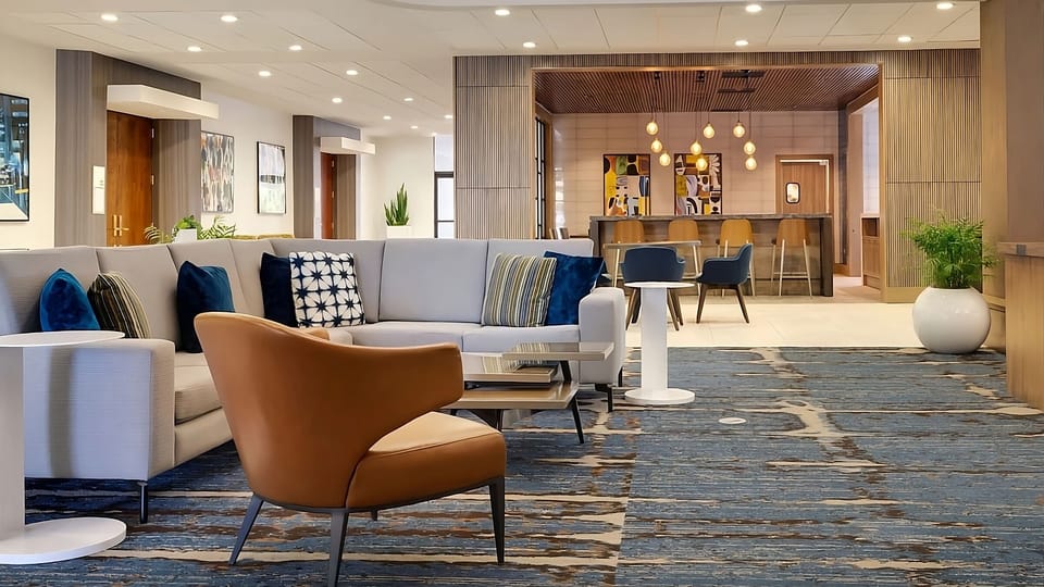 Sink into cozy seating near the bar for evening chats.