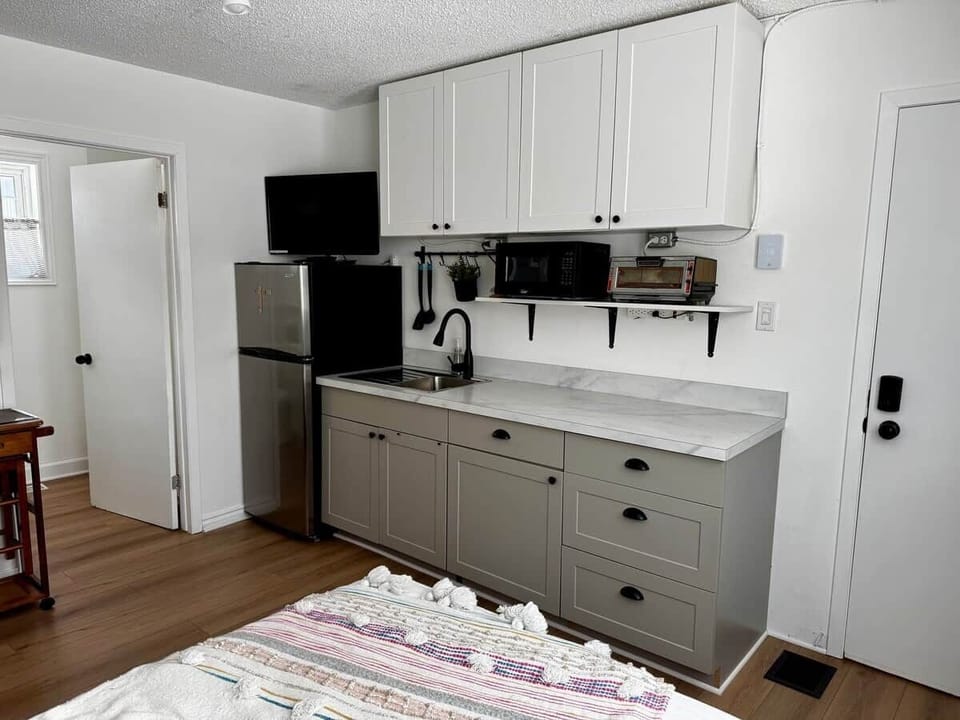 kitchenette with fridge, microwave, toaster oven, kettle, induction burner