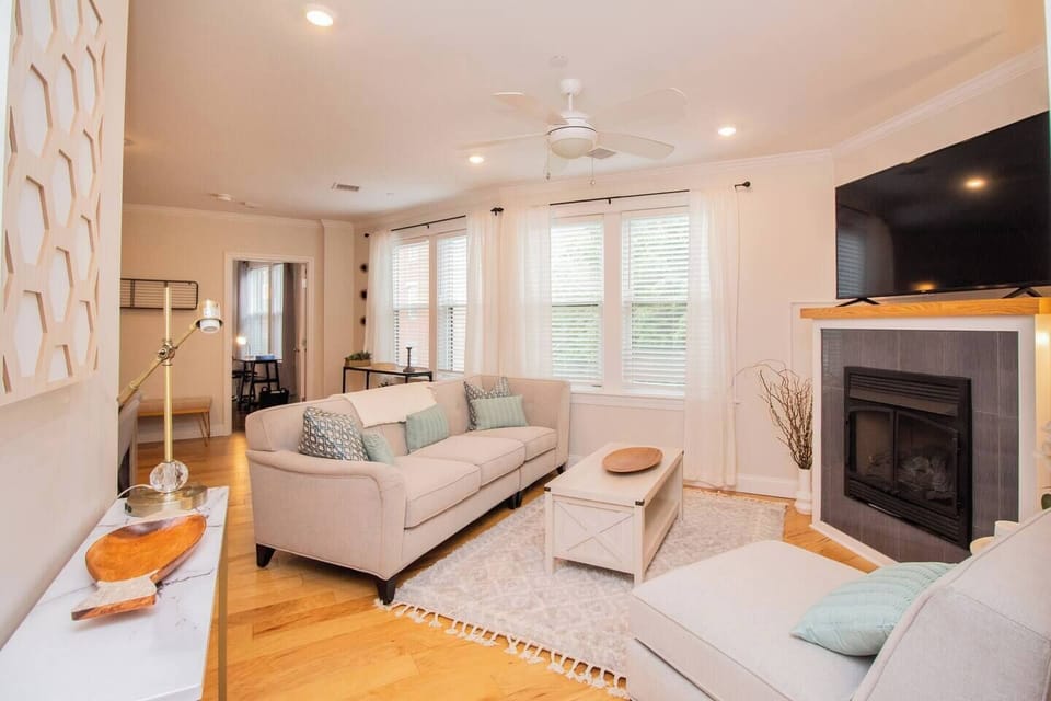 Living Room, has the decorative fireplace giving a perfect place to mount the tv up