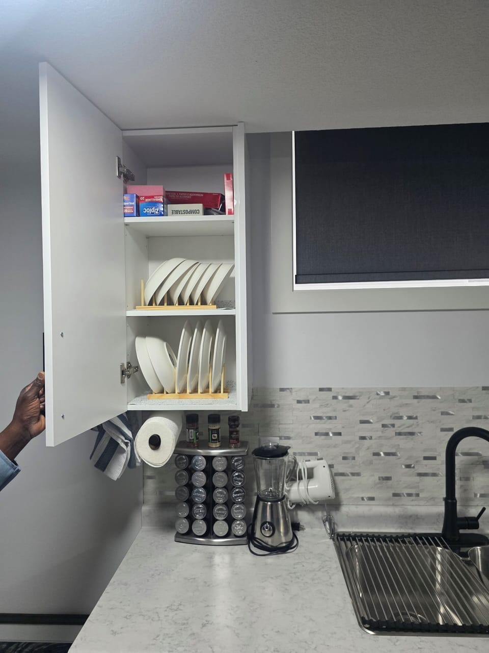 Ziploc, plates,Ziplocs, plates rack,spices rack,paper towels and hand mixers!
