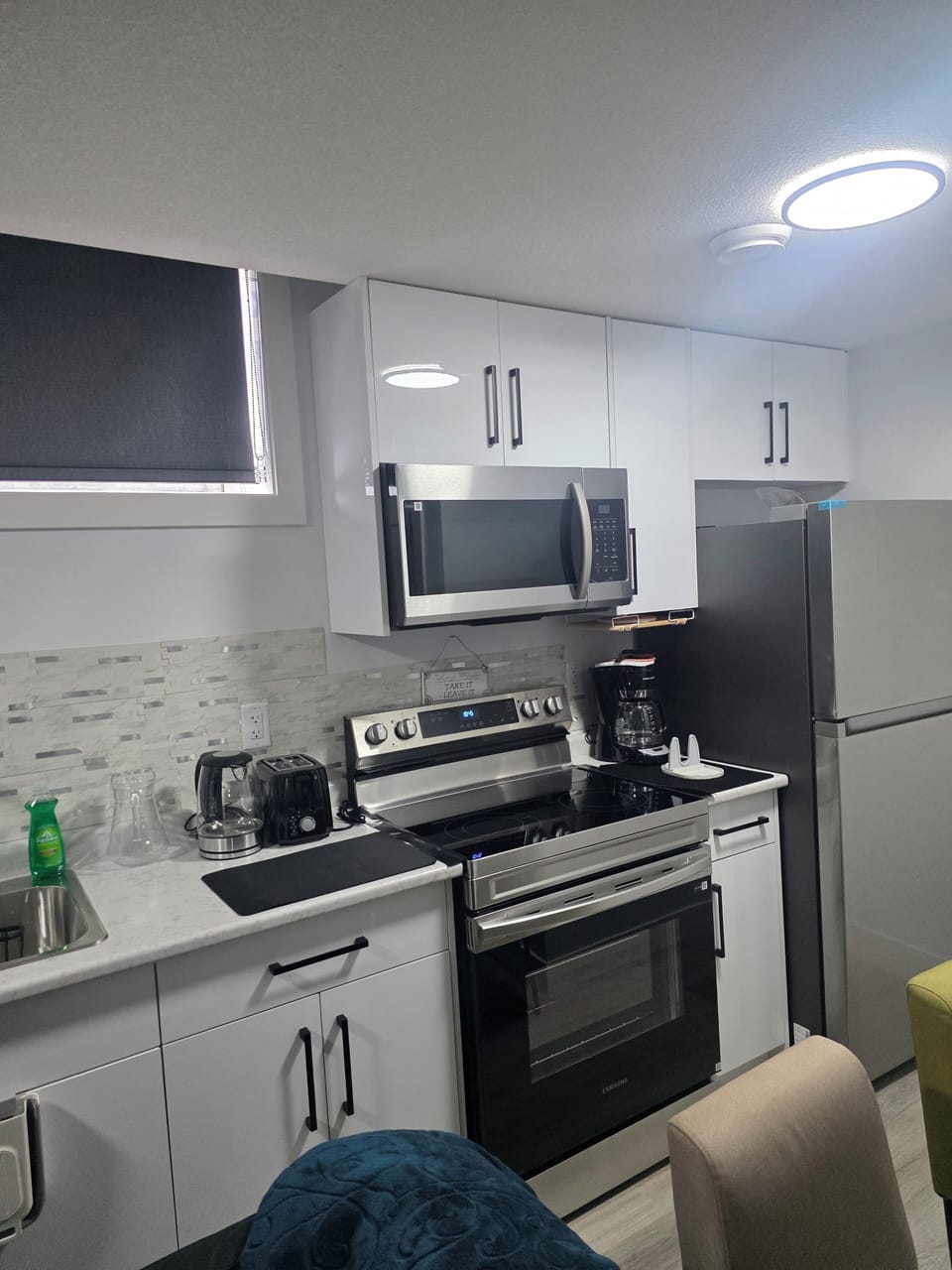 Toaster, kettle. microwave oven, coffee maker, fridge and blender, all for you
