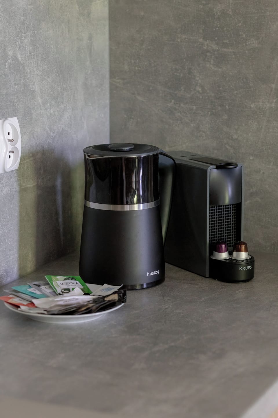 Coffee station detail with modern espresso machine
