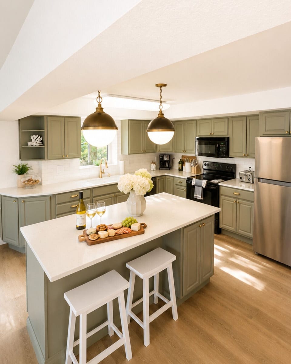 Bright and beautifully styled kitchen with a spacious island, sleek quartz countertops, and modern appliances. Enjoy morning coffee or a glass of wine at the breakfast bar, with warm lighting and elegant finishes creating the perfect space to cook, gather