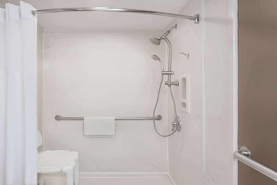 Full bathroom with a shower. Basic toiletries and towels are provided