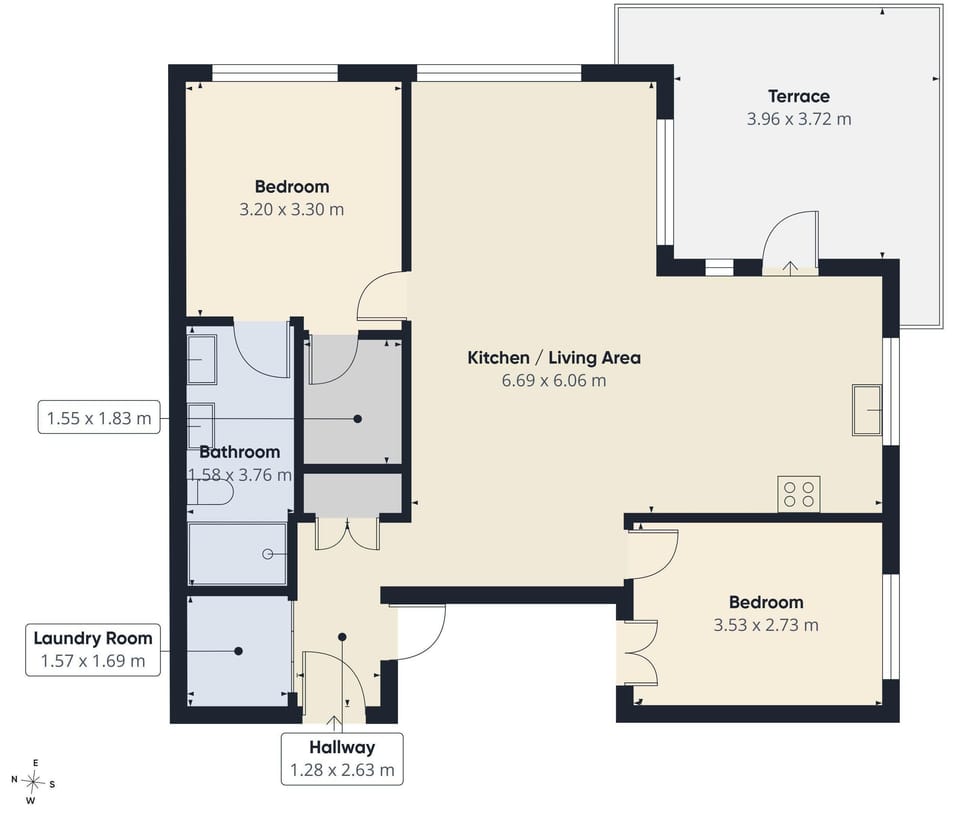 A detailed architectural floor plan showcasing the highly efficient, dual-master split bedroom layout.