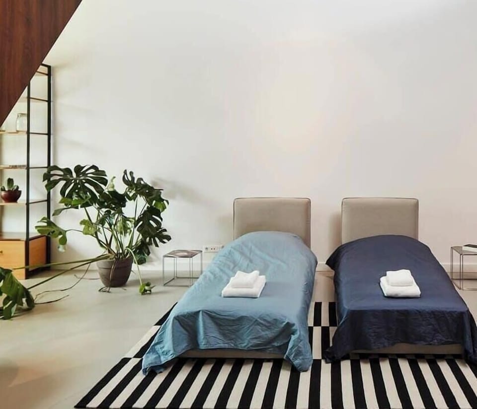 The sofa bed offers additional sleeping space while blending seamlessly into the designer interior.