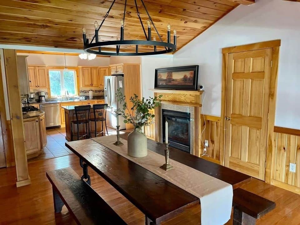 Dining and kitchen with gas fireplace