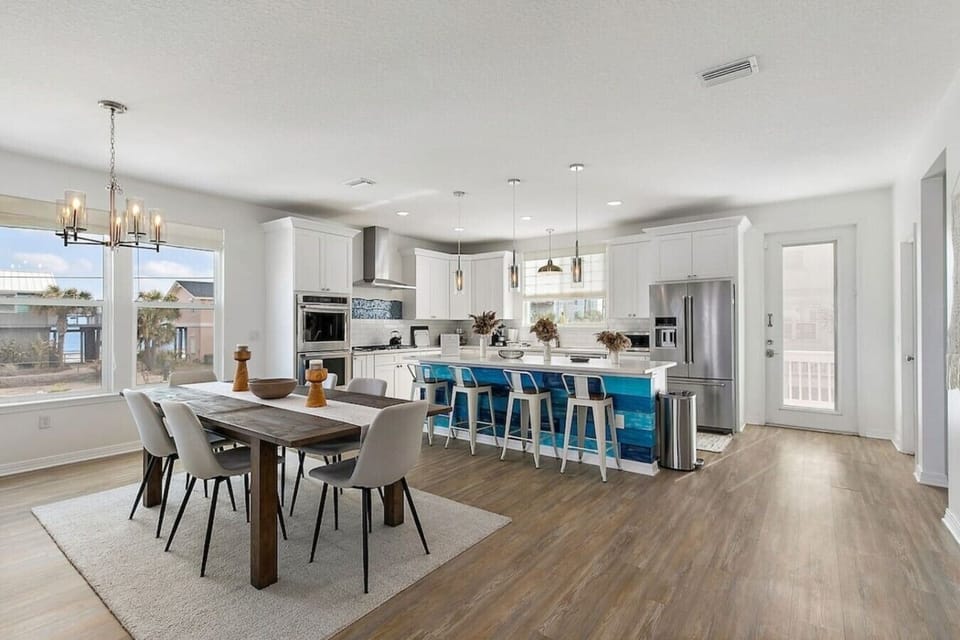 Kitchen island with ocean hues.