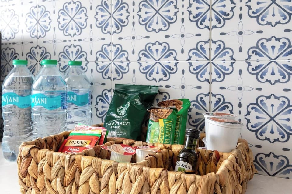 Welcome basket, snacks, coffee, tea, water