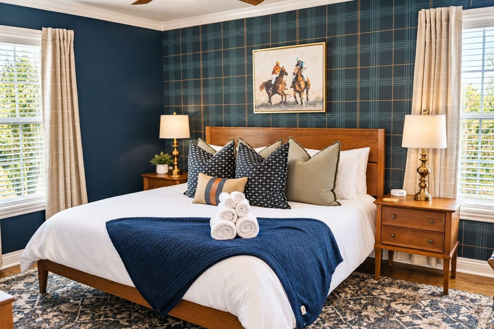 Stylish king bedroom with plaid accent wall, cozy lighting, and elegant touches