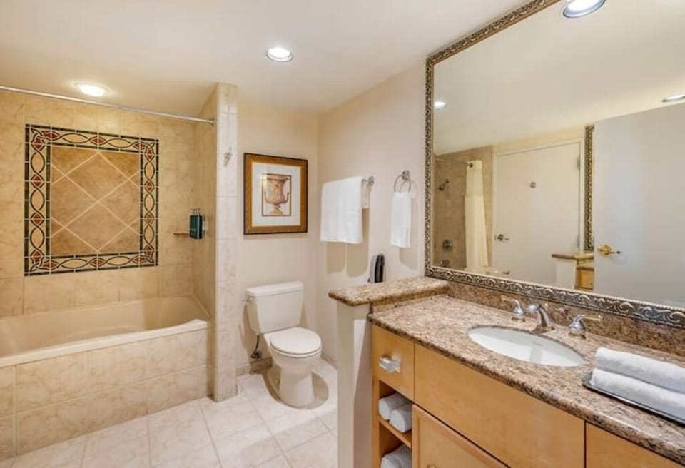 Refresh in a bright bath with granite vanity comforts.