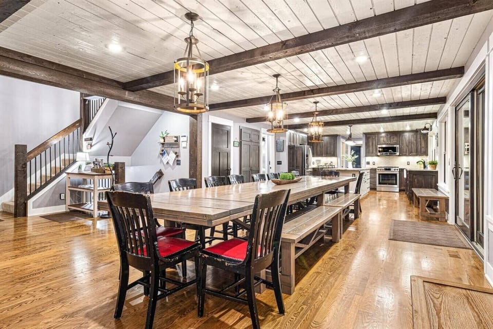 The custom 15-foot dining table brings everyone together for meals and game nights.