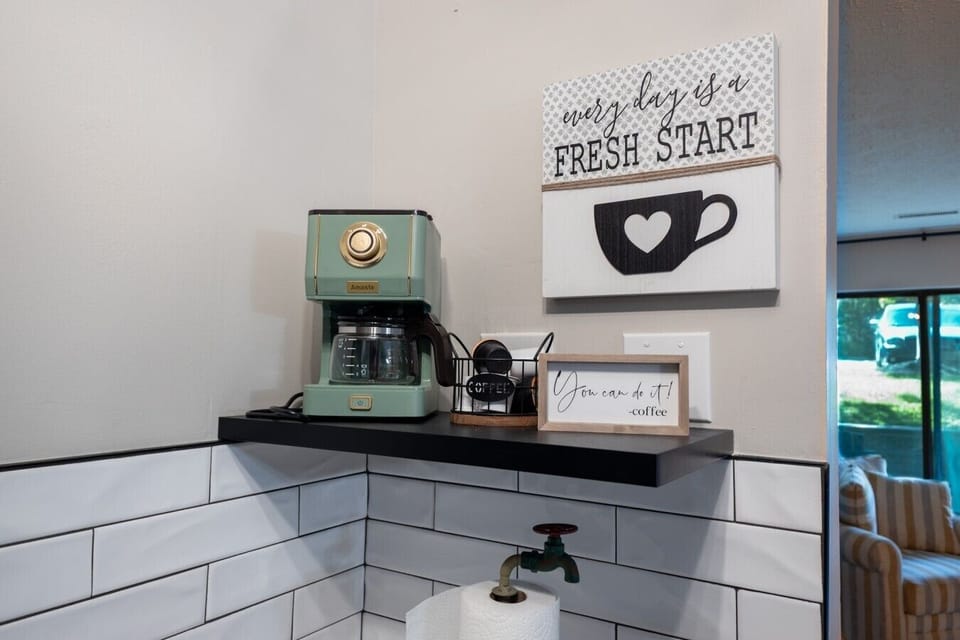 Kitchen Nook | Coffee Station & Capsule Storage | Black Shelf & Tile Walls