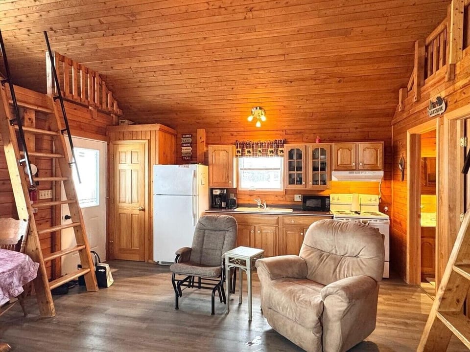 Living Room | Wood Cabin Interior & Loft Ladders | Open Kitchen Layout