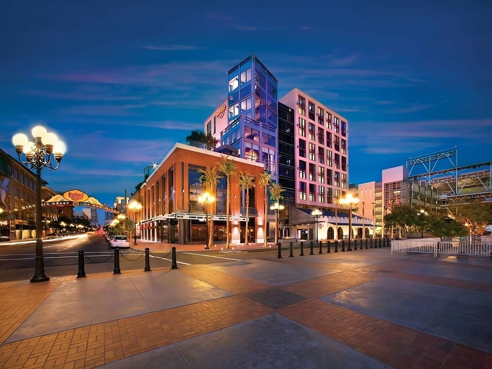 Arrive in style at this modern hotel under city lights.