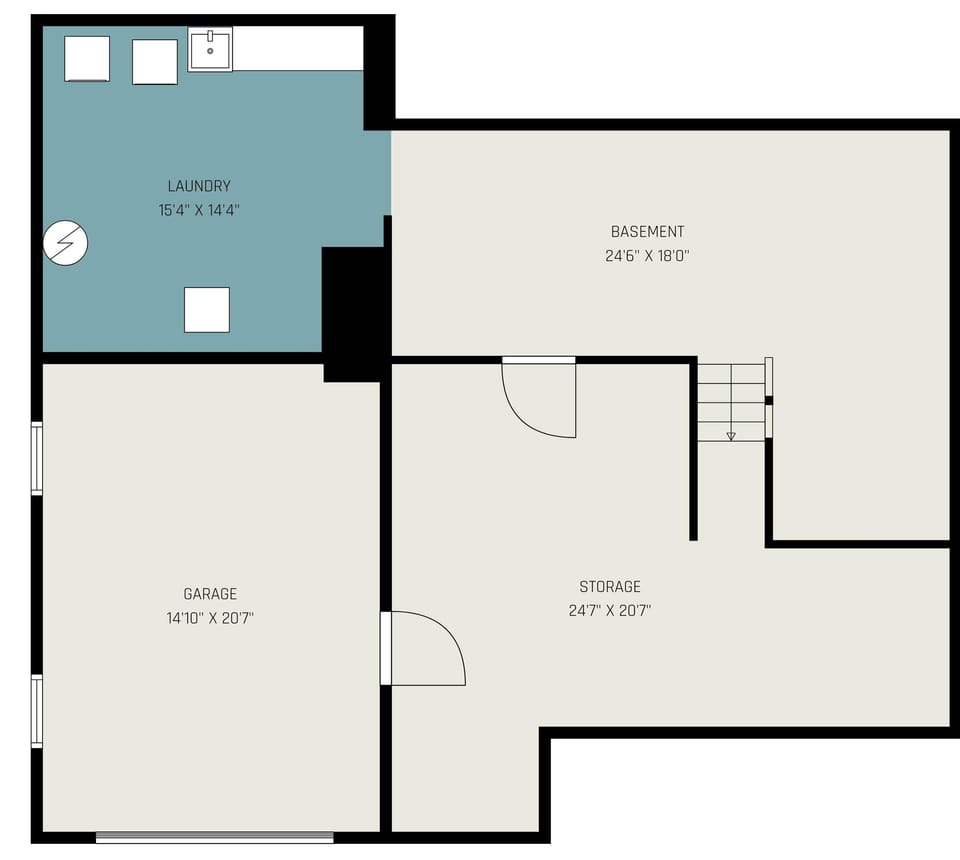 Floor plan showing the basement level, including laundry area and garage. 