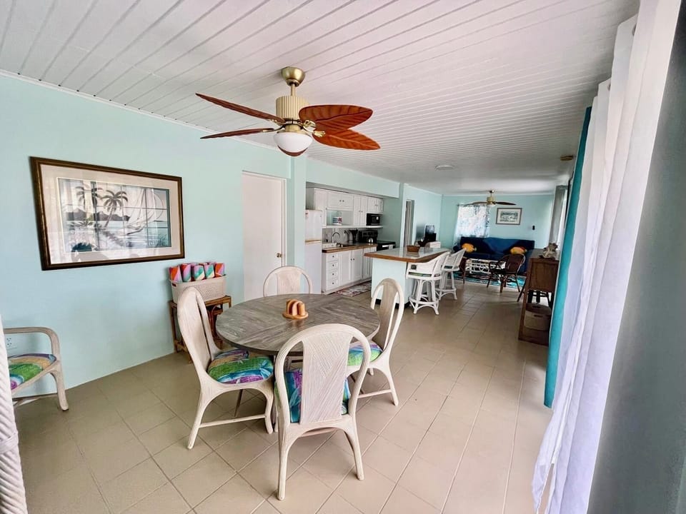 Dining, kitchen, and living areas with sliding glass doors on both sides for natural light.