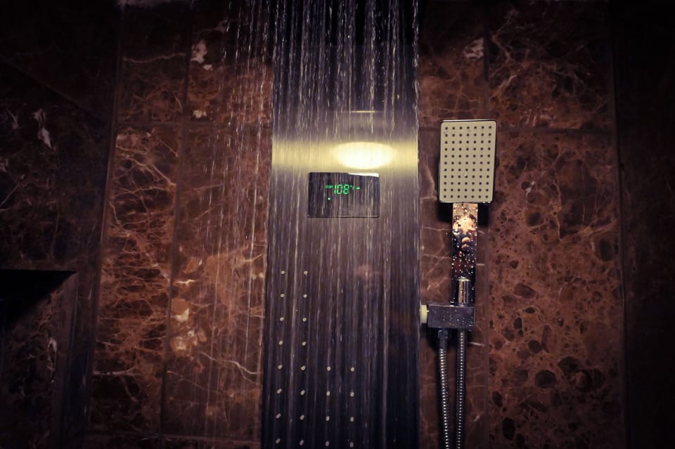 Shower with 5 different settings and great water pressure!