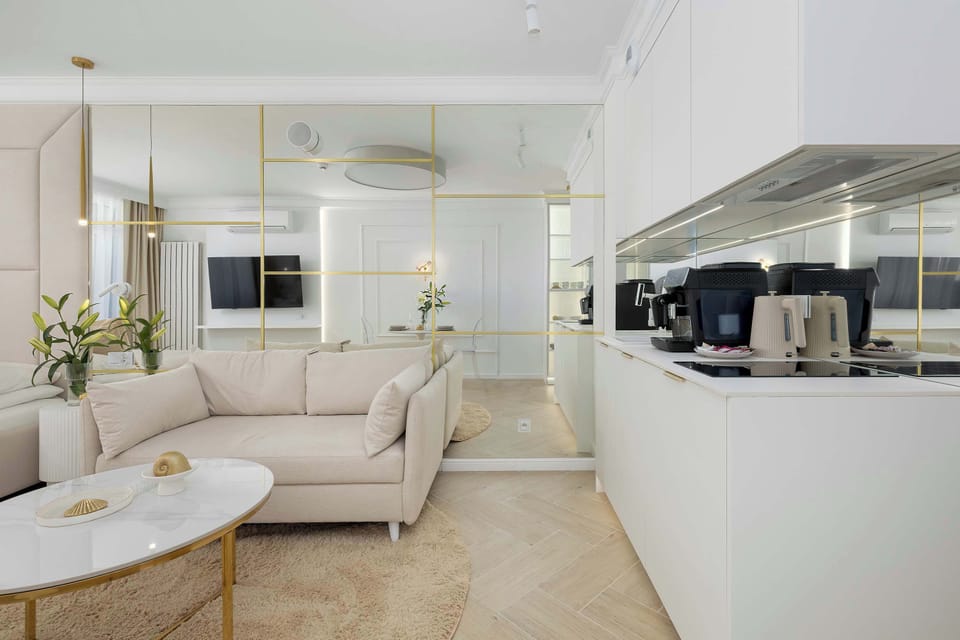 Modern open-plan layout combining the living space and kitchenette in a stylish setting.